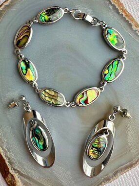 Vintage Abalone/Paua Shell Bracelet Earrings Set 1990's